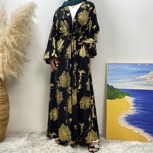 Abaya Dorada Abierta para Ramadán con Cinturón Ajustado Incorporado, Túnica Larga con Estampado Floral y Bolsillos Laterales para Mujeres Musulmanas 1444 # - Product Image 2