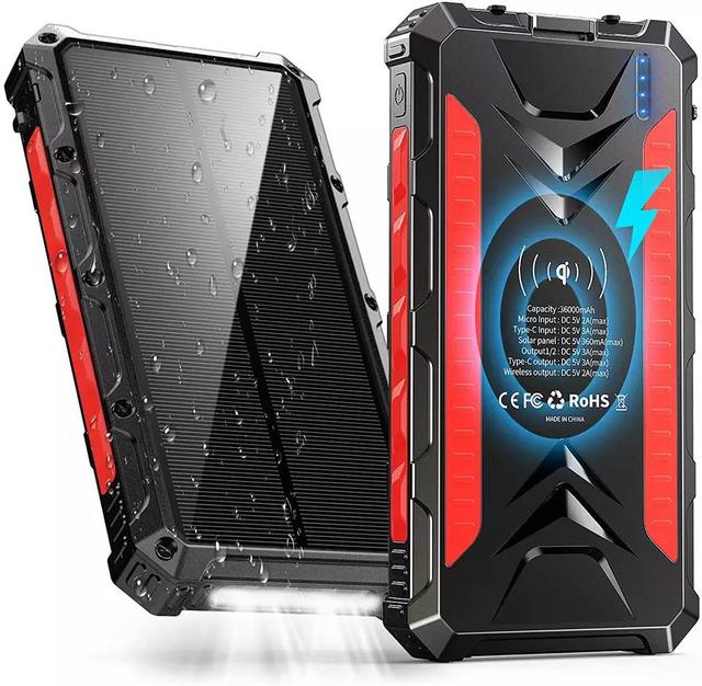 IP66 Waterproof Solar PowerBank 36000mAh Wireless Portable Charger Fast Charge Flashlight Cell Phone Charger for Camping Outdoor
