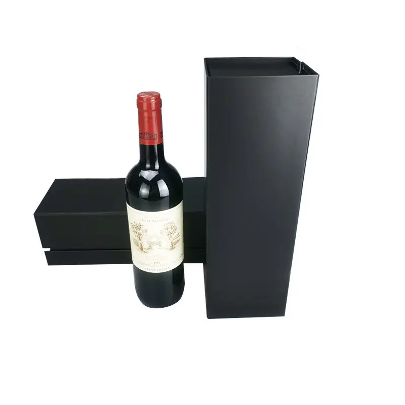 Boîte-cadeau pliante haut de gamme à rabat latéral Logo personnalisé Whisky Bouteilles de vin rouge Boîte noire en papier pour emballer le vin