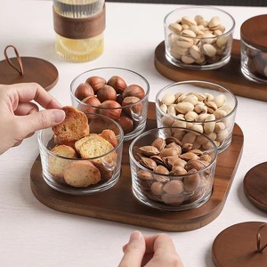 Japanese Style Multi Compartment Glass Dish With Lid Wooden Pattern Serving <b>Tray</b> For Dried Fruit Snack <b>Storage</b> Home Use - Product Image 3