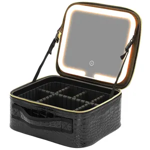 Keyson Wholesale Black Crocodile Durable and With Large Space Make Up Bag Portable Makeup Case With Led Mirror Makeup Bag