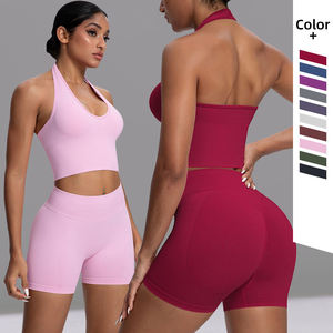 Ensemble de yoga 2 pièces à col halter et bretelles, short taille haute, couleur unie, en Spandex et Polyester, sans couture, extensible dans les quatre sens - Product Image 1