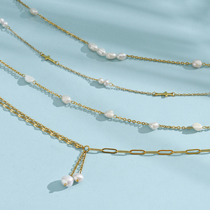 Collar de cadena de oro con cruz y perlas, dos dijes de cruz, pares de perlas, inspirado en la fe, ajustable, joyería diaria para mujer - Product Image 1