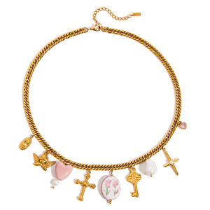 Chic Resort Style 18K Gold Stainless Steel Ceramic Pearl Cross <b>Angel</b> Pendant Necklace <b>Gift</b> Jewelry - Product Image 5