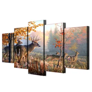 Cuadro de pared moderno impreso en Hd, lienzo de paisaje de ciervos del bosque, póster de Anime, impresiones artísticas, 5 paneles
