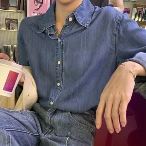 Женская винтажная блузка из денима, голубая блузка с длинным рукавом и потертостями, новинка 2022