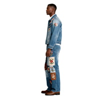 Ensemble de jeans ample délavés avec broderie d'appliques à motif floral personnalisé pour hommes avec taille haute et jambe large