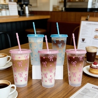 Gobelets réutilisables écologiques en plastique de 24 oz, étanches, compatibles lave-vaisselle, pour boissons froides, avec couvercle et paille, pour le camping et les voyages, blanc, rose, bleu, nœud papillon