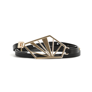 Cinturón de cuero para <span class=keywords><strong>mujer</strong></span> con hebilla de metal geométrica en forma de abanico Correa de cintura minimalista de moda para traje de vestir - Product Image 4