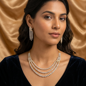 Conjunto de Collar y Pendientes de Latón de Lujo con Baño de Rodio, Gargantilla de 3 Capas con Circonitas, Joyería Nupcial India para Mujer, para Bodas - Product Image 1