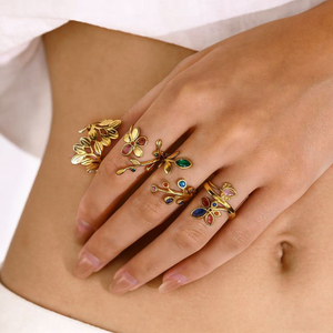 G4766 Wholesale Stainless Steel 18k Gold Plated Rainbow Zircon CZ Leaf <b>Ring</b> for Women Finger <b>Open</b> <b>Rings</b> - Product Image 2