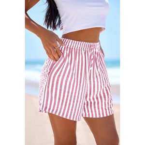 Pantalones cortos de verano con cintura elástica para mujer, pantalones de pijama de algodón a rayas blancas y rosas con bolsillos, ropa para vacaciones en la playa - Product Image 3