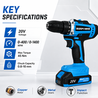 Perceuse à main 20V Lithium-Ion 45Nm avec boîte de vitesses métallique, perceuse électrique 2 vitesses pour la vente en gros