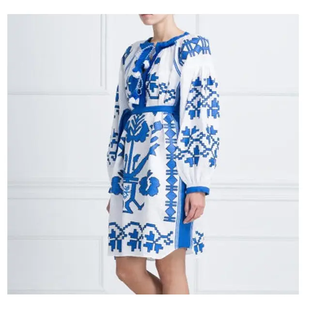 2020 Nieuwe Aankomst 100% Katoen Nieuwe Mode Groothandel Oekraïense Jurk Met Kwastje Ukranian Blouse Vintage Look Jurk Volledige Mouw