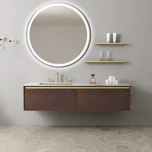 佛山工厂壁挂式圆形LED镜子木制家具浴室梳妆台柜