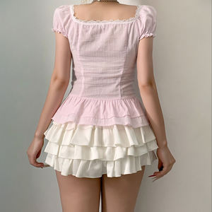 Blusa de Verano para Mujer con Volantes y Adornos de Encaje, Manga Corta, Ecológica, Transpirable, con Botones y Pliegues Tejidos - Product Image 6