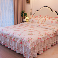 Ensemble de literie en coton 100% 40S à motifs floraux, jupe de lit à volants style princesse, ensemble de housse de couette 4 pièces