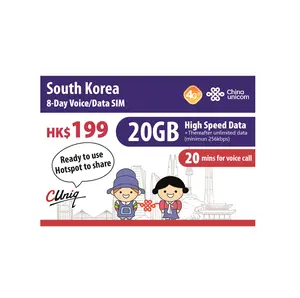 China Unicom Mini Telefoon Sim Kaart Zuid Korea 8 Dagen Stem En Data Sim 20Gb Netwerk 4G Simcard Voor Smartwatch