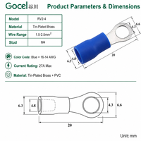 GOCEL RV2-4 Borne annulaire pré-isolée en laiton étamé avec revêtement vinyle bleu, pour câble 1,5-2,5 mm², goujon M4, borne à sertir 16-14 AWG