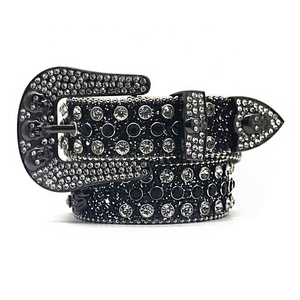 Cintura da uomo Western in pelle PU nera scintillante con strass, larghezza 3,8 cm, con fibbia a teschio, stile Hip Hop Punk, design <span class=keywords><strong>Baita</strong></span>, produzione di fabbrica - Product Image 1