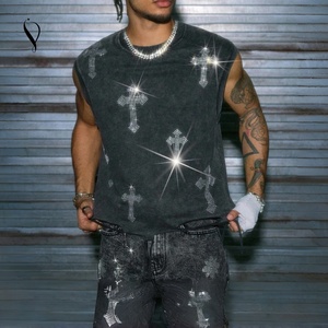 Gilet da <span class=keywords><strong>uomo</strong></span> personalizzato senza maniche in maglia traspirante con perline e croce di diamanti, stile vintage distressed e sbiadito, streetwear, <span class=keywords><strong>t</strong></span>-<span class=keywords><strong>shirt</strong></span> ampia da <span class=keywords><strong>uomo</strong></span> - Product Image 2