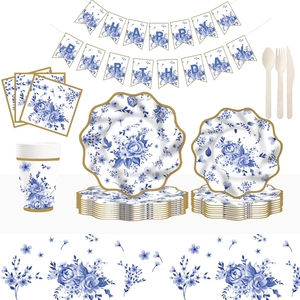 Damai ถ้วยกระดาษสำหรับงานเลี้ยงน้ำชาแบบใช้แล้วทิ้งอุปกรณ์สำหรับใช้ในงานเลี้ยงน้ำชาลายดอกไม้สีฟ้า - Product Image 2