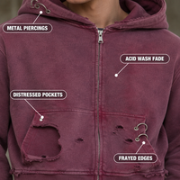 Sweat à capuche zippé intégral en molleton de coton épais 420 GSM, personnalisé, couleur prune, délavé, effet vieilli, avec anneau métallique perforé et bords effilochés, pour homme, style Grunge Hip Hop