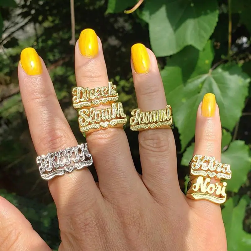 Personalized 3D Finger Name Ringゴールドメッキ女性男カスタムレターリングFor Gifts