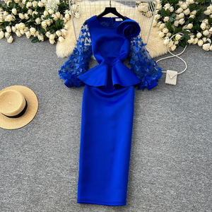 Maniche trasparenti a lanterna con fiori 3D abiti da donna di classe a fiori grandi abiti da sposa eleganti abiti lunghi da chiesa per le donne - Product Image 1