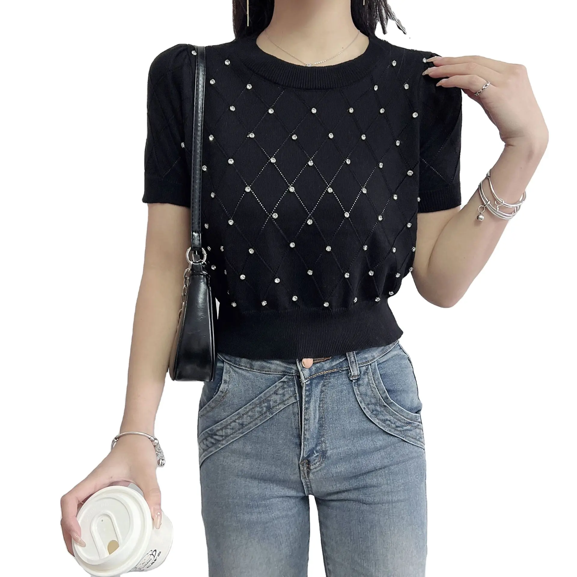 Women Summer Short Sleeve New T-shirt Rhinestone Designs Knitted Solid Color Ladies Tops Sweater Trendy Retail Wholesale Tshirt