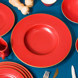Retro Gold Rim Dinnerware Attractive Red Reactive Glaze <strong>Crockery</strong> Rustic Kitchen Tableware <strong>Christmas</strong> Plates Decorative Dinner <strong>Set</strong> - Product Image 4