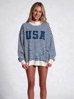 Sweater Mockneck Wanita Bergaris Gaya Barat Polka Dot Katun Fleece Longgar Streetwear Kasual Pullover Atasan