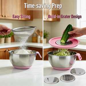 ステンレス鋼ミキシングボウルノンスリップネスティングウィズキングボウルセットキッチンミキシングボウルサラダクッキングベーキング用ストレーナー - Product Image 2