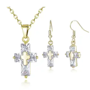 New Design Necklace Earrings Set For Women Trend Crystal Religion Cross Fashion Brass Jewelry Set