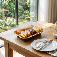 Boîte alimentaire rectangulaire en PET avec couvercle transparent, base noire et dorée de qualité supérieure, pour gâteaux, desserts, salades, 7 tailles, écologique