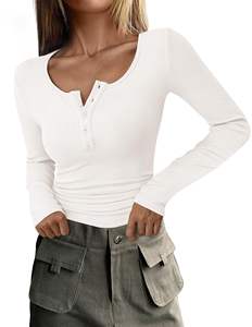 Camiseta estampada de manga larga para mujer, camisetas de manga larga para mujer, camisetas de manga larga de otoño 2025, camisetas de punto acanalado con botones - Product Image 1