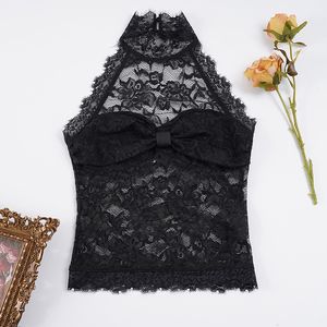 Haut noir en dentelle pour femme, col halter, sexy, transparent, avec détails en dentelle florale et nœuds, sans manches, pour soirée, club ou tenue de soirée - Product Image 6