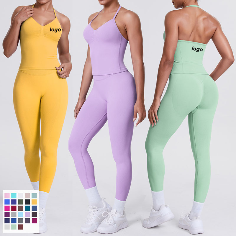 Custom Logo Seamless Yoga Tank Top Set Tummy Control Gym Clothes Halter Vest Top High Elastic Sweatpants Outfits Running Wear