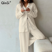 QINSI Piyama Wanita Terbaru 2026 Model Longgar dengan Lis Hitam, Baju Tidur 2 Potong, Loungewear Katun, Set Piyama Santai