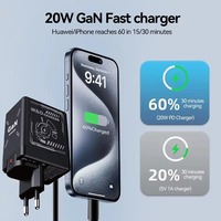 Cargador Rápido Universal GaN de 20W con Enchufe Plegable, Cable Tipo C Retráctil Doble y Adaptador USB A QC3.0 para Viajes