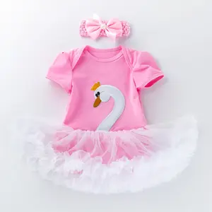 Ropa de bebé niños 0-2 años de edad bebé rosa de manga corta falda de los niños Little Swan vestido conjunto vestido