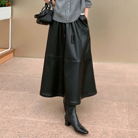 5353 2025 Sheepskin Black Half Body High Waist Long Dress for Women