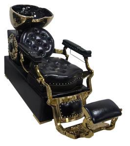 <b>Portable</b> Ceramic Basin Stainless Steel Gold Shampoo <b>Bed</b> Semi-reclining Shampoo Chair with Adjustable Footrest for Barber Shop - Product Image 6