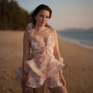 Vestido Corto sin Mangas con Estampado Floral, Cuello en V, Tirantes Finos, Espalda Descubierta, Cintura Natural, Estilo Vacacional, Vestido Casual - Product Image 4
