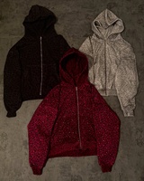 Sweat à capuche zippé en molleton bouclette personnalisé avec impression intégrale, effet délavé, motif léopard DTG, lourd, orné de strass pour homme