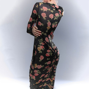 Vestido Ajustado de Manga Larga con Estampado Floral y Hombros Descubiertos, Estilo Europeo Americano para Mujer, Otoño 2025, Ropa de Cóctel - Product Image 4