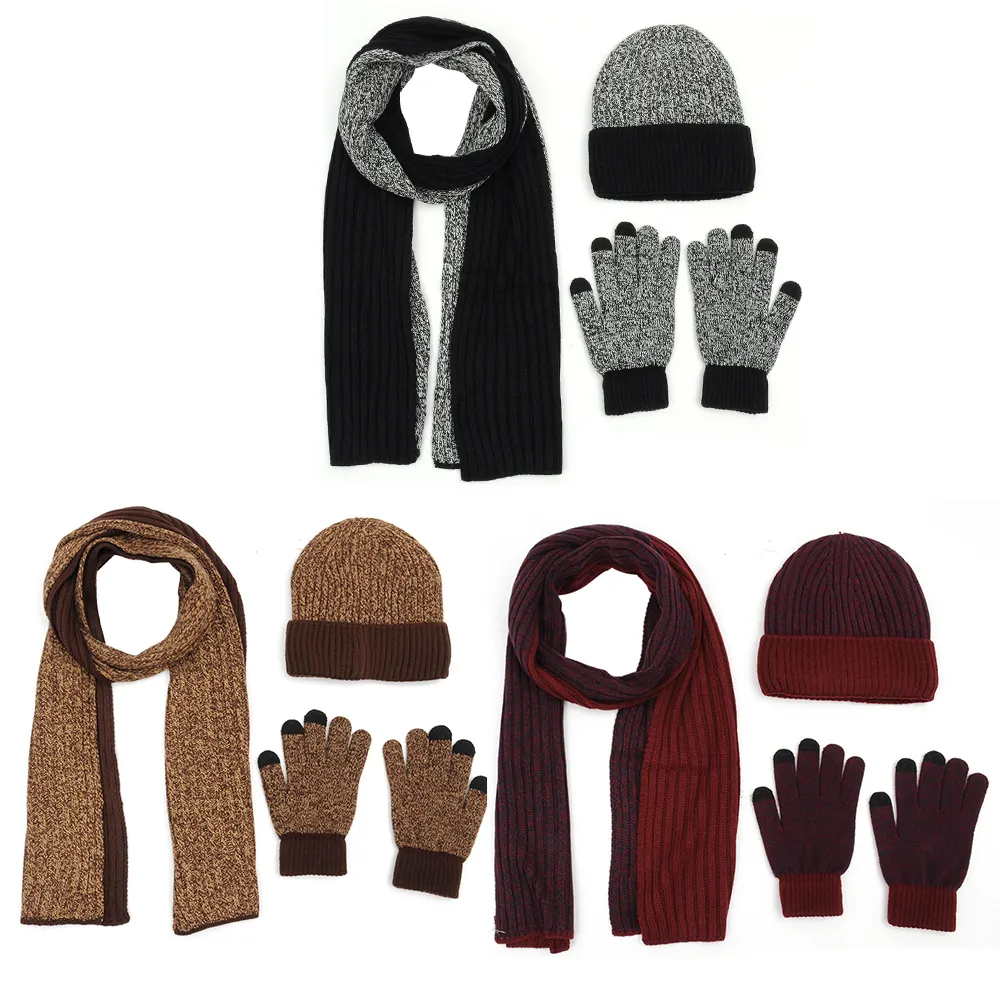 Custom Logo 3pcs Set Knitted Unisex Winter Warm Beanie Pompom Beanie Hat And Scarf And Glove Set Men