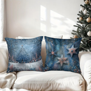 Gối trang trí Giáng sinh màu xanh với họa tiết bông tuyết, hoa và xe trượt tuyết, tạo không khí lễ hội ấm cúng cho phòng khách trong ngày lễ. - Product Image 3