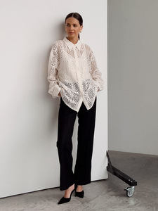 Enyami Chic Brand Feminino Leisure Lace Hollow Out Design Boxy camicie a maniche lunghe bianche camicette da donna Top allentato da donna - Product Image 3