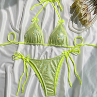 Traje de baño brillante de dos piezas para mujer Bikini sexy de color sólido con lazo y lentejuelas Spandex/conjunto de 2 piezas de nailon